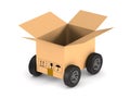 Open cargo box with wheel on white background. Isolated 3D illus Royalty Free Stock Photo