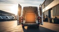 Open cargo van ready for loading at a warehouse with other delivery vehicles nearby Royalty Free Stock Photo