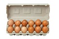 Open carton of brown eggs on white background. AI image Royalty Free Stock Photo