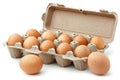 Open carton of brown eggs on white background. Neural network AI generated Royalty Free Stock Photo