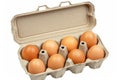 Open carton of brown eggs on white background. Neural network AI generated Royalty Free Stock Photo