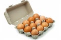 Open carton of brown eggs on white background. Neural network AI generated Royalty Free Stock Photo