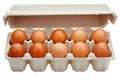 Open carton of brown eggs on white background. Neural network AI generated Royalty Free Stock Photo
