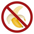 An open cartoon banana in red prohibition sign. Danger of allergies from tropical fruits. Ban food. Vector flat forbidden sign Royalty Free Stock Photo