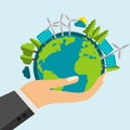 Open Cartoon Hand Holding The Planet Earth Filled With Green Nature And Renewable Energy Sources