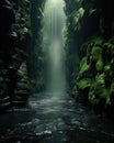 An open cave with a water stream flowing through