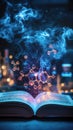 Open chemistry textbook with glowing vapors and floating structures in lab Generative AI