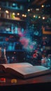Open chemistry textbook with glowing vapors and floating structures in lab Generative AI