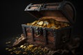 An open chest full of gold coins on black background. Generative AI Royalty Free Stock Photo