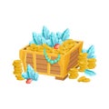 Open Chest With Golden Coins, Blue Crystals And Jewelry, Hidden Treasure And Riches For Reward In Flash Came Design