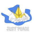 Open children hands with origami crane in blue yellow colors, peace no war concept and just peace script, japanese symbol against Royalty Free Stock Photo