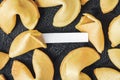 Open chinese fortune cookies with blank white paper on dark background Royalty Free Stock Photo