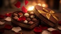 Open Chocolate Box with Assorted Sweets and Rose Petals on Romantic Background Royalty Free Stock Photo