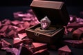 an open chocolate box with a pink diamond ring inside Royalty Free Stock Photo