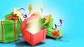 Open christmas gift boxes and accessories background 3d render on blue gradient Royalty Free Stock Photo