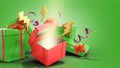 Open christmas gift boxes and accessories background 3d render on green gradient Royalty Free Stock Photo