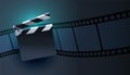 Open clapper board with film strip background design