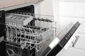 Open clean empty dishwasher in kitchen. Home appliance Royalty Free Stock Photo