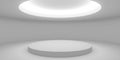 Open, clean and empty white room or gallery background with circular indirect light and podium Royalty Free Stock Photo