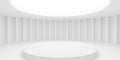 Open, clean and empty white room or gallery background with circular indirect light, structured wall and podium Royalty Free Stock Photo