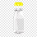 Open clear bottle with round screw cap on transparent background realistic mockup. Cylindrical empty container vector mock-up