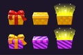 Open and close colored Gift Box. Orange and violet gifts icons.