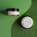Open-Close cosmetic cream in jar on green background - 3D rendering