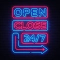 Open Close neon signs vector. Neon Signboards Design template, light banner, night signboard, nightly bright advertising