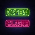 Open Close Neon Text Vector. Open Close neon signboard, design template, modern trend design, night neon signboard