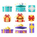 Open, close and top view gift boxes. Vector flat icons set. Present and surprise holiday illustration Royalty Free Stock Photo