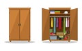 Open and close wardrobe with clothes. Closet with clothes, dresses, shirts, boxes and shoes. Natural wooden Furniture