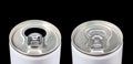 Open and close white aluminum cans on a black background. Royalty Free Stock Photo