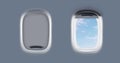 Open and closed airplane portholes, banner