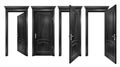 Open and closed black doors with arched panels, cornice, columns. Textured wooden doorways with silver trim, isolated on white