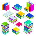 Open and closed book and stacked books. Multicolor vector isometric icons set. Library, study and education symbols Royalty Free Stock Photo