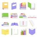 Open and closed books with blank pages. Collection of books and reading documents. Textbooks in colorful covers with