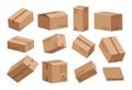 Open and closed box. Cartoon cardboard containers for shipping and storage. View from different sides on packages set