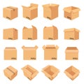 Open and closed cardboard box. Delivery package in side, front and top view. Packaging process. Carton boxes with