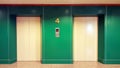 Open and closed chrome metal office building elevator doors realistic photo. Lift transportation floor to floors with push switch