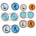 Open and closed containers for contact lenses. View from above. Blue and orange container lids. Vector image isolated