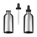 Open and closed dark clear thick glass bottle with screw dropper, mockup. Cosmetic or medical product container, vector mock-up Royalty Free Stock Photo
