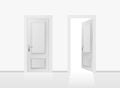 Open and closed the door on the gray wall background. Royalty Free Stock Photo