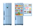 Open and closed fridge. Refrigerator empty and with products, healthy food water and milk, fruit and vegetable, alcohol Royalty Free Stock Photo