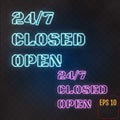 Open, Closed, 24/7 Hours Neon Light on Brick Wall. 24 Hours Nig Royalty Free Stock Photo