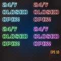 Open, Closed, 24/7 Hours Neon Light on Brick Wall. 24 Hours Nigh Royalty Free Stock Photo