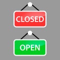 Open and closed icon, hanging Rectangular door sign with text open and closed in green, red, black and white on Royalty Free Stock Photo