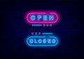 Open and closed neon signs. Welcome emblems for shop, cafe and bar. Shiny banner. Vector stock illustration