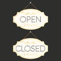 Open and closed ornate vintage or retro signs on black background. Template design for shop, restaurant or cafe Royalty Free Stock Photo