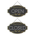 Open and closed ornate vintage or retro signs. Template design for shop, restaurant or cafe Royalty Free Stock Photo