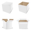 Open and closed packaging boxes. Perspective cube isolated on white with shadow. 3D mock white box. Vector illustration